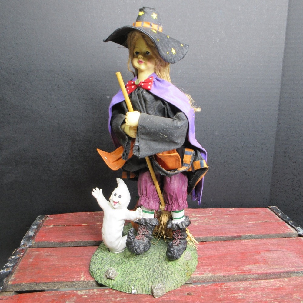 VTG Fabric Mache Halloween Witch Figurine Ghost & Pumpkin Decor Spooky Holiday